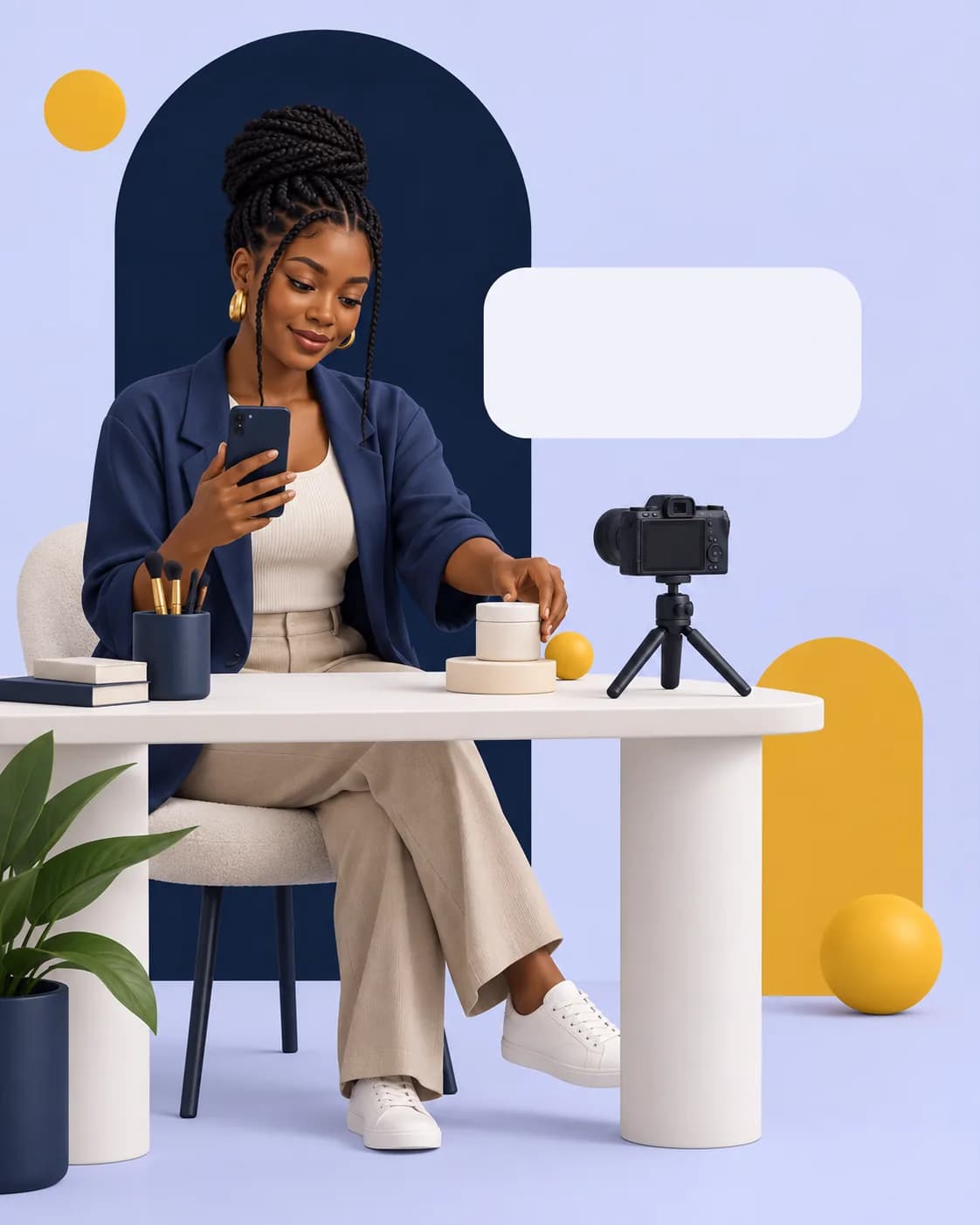 Créatrice de contenu filmant un produit avec un téléphone et une caméra